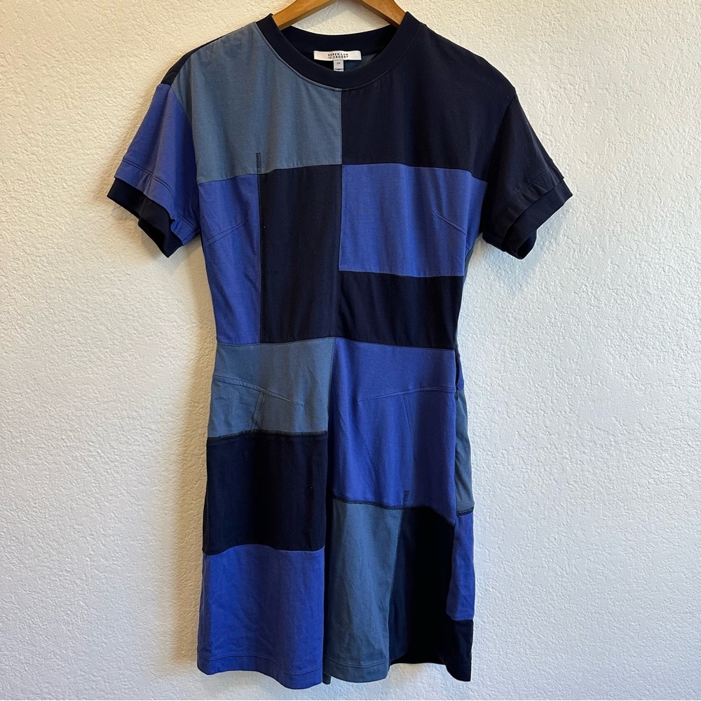 Derek Lam 10 Crosby Women's Blue Short Sleeve Patchwork Shift Dress Size S